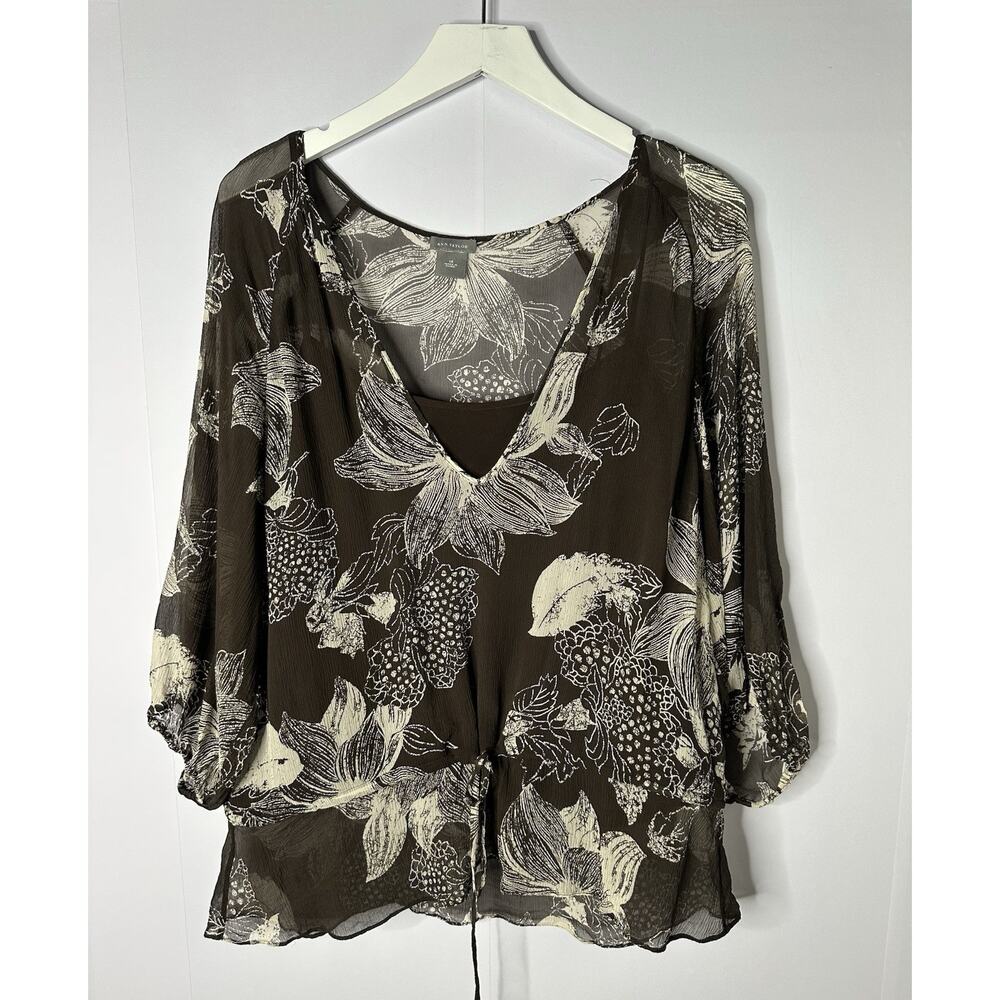 Ann‎ Taylor Silk V-Neck Peplum Brown Floral Top 3/4 Sleeve Sheer Flowy Beachy
